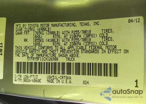 2012 Toyota Tundra Grade 5.7L V8 z USA, uszkodzony, nr VIN 5TFRY5F11CX126988